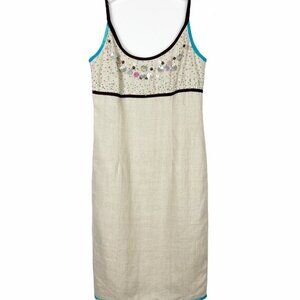 Donna Morgan Tank Dress Women's 6 Khaki 100% Linen Shell Bead Embellished Midi